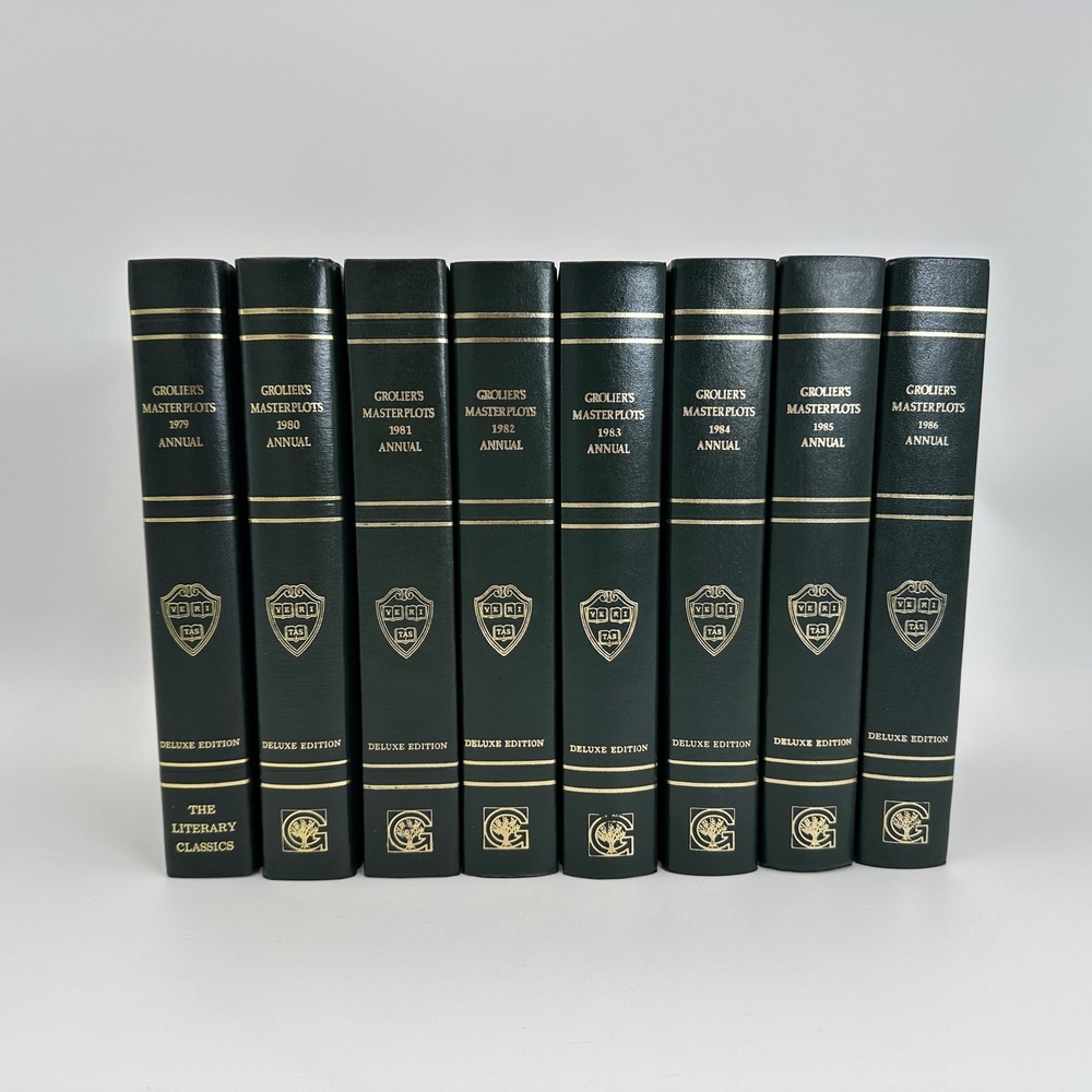 Grolier Masterplots Annual Books 8 Vol Set 1979-1986 Green Gold Deluxe Edition